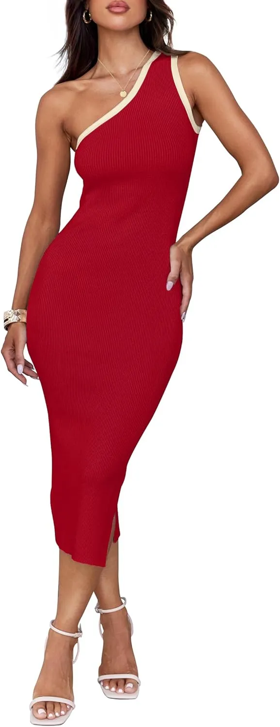 ZESICA Women's 2025 Summer One Shoulder Bodycon Midi Dresses Casual Sleeveless Ribbed Knit Side Slit Sweater Dress