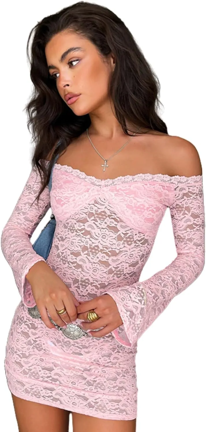 ZGMYC Womens See Through Mesh Lace Mini Dress Sexy Off Shoulder Long Sleeve Short Dress Y2K Bodycon Party Dress
