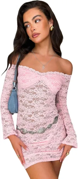 ZGMYC Womens See Through Mesh Lace Mini Dress Sexy Off Shoulder Long Sleeve Short Dress Y2K Bodycon Party Dress