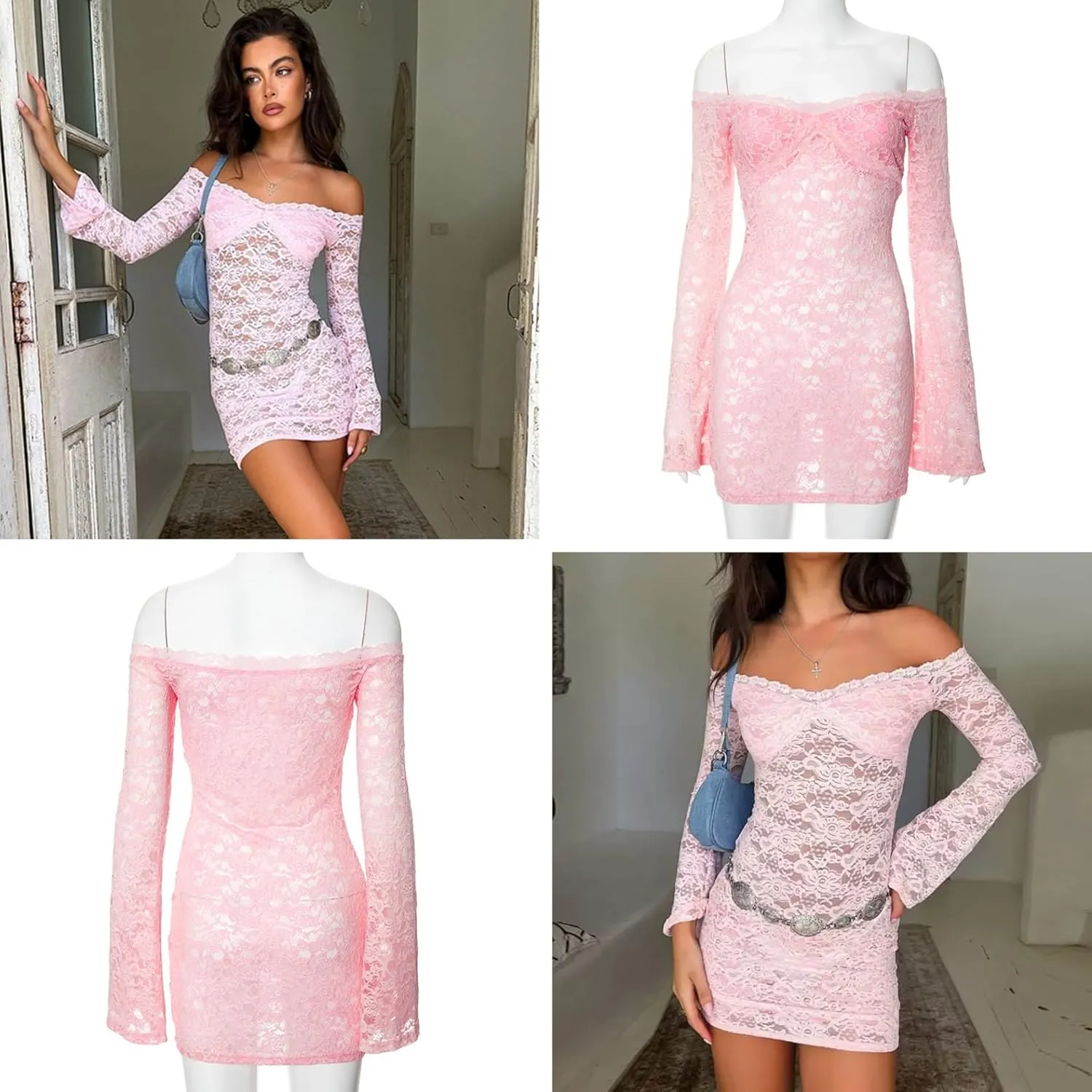 ZGMYC Womens See Through Mesh Lace Mini Dress Sexy Off Shoulder Long Sleeve Short Dress Y2K Bodycon Party Dress