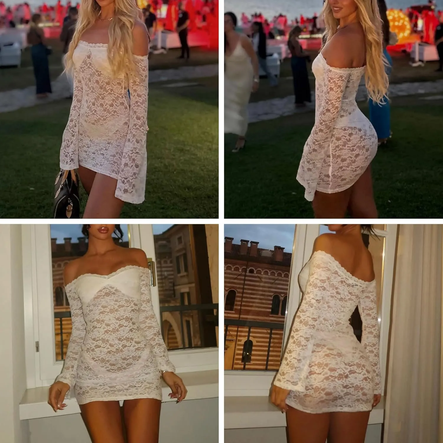 ZGMYC Womens See Through Mesh Lace Mini Dress Sexy Off Shoulder Long Sleeve Short Dress Y2K Bodycon Party Dress