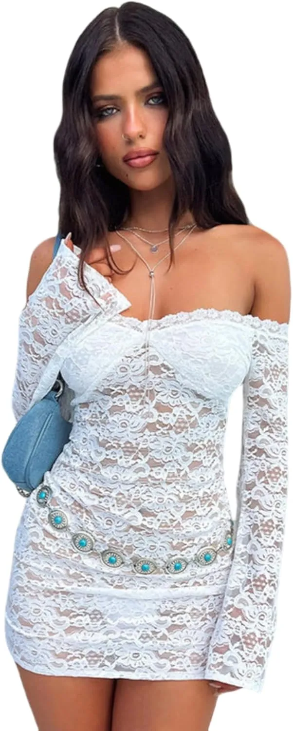 ZGMYC Womens See Through Mesh Lace Mini Dress Sexy Off Shoulder Long Sleeve Short Dress Y2K Bodycon Party Dress