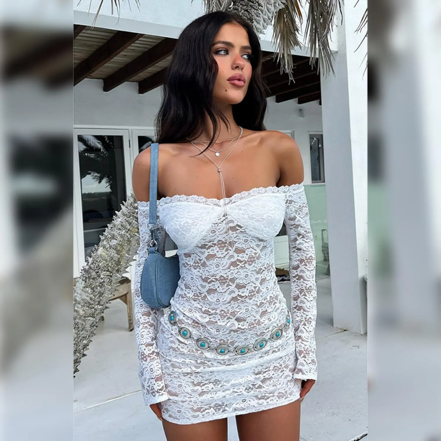 ZGMYC Womens See Through Mesh Lace Mini Dress Sexy Off Shoulder Long Sleeve Short Dress Y2K Bodycon Party Dress