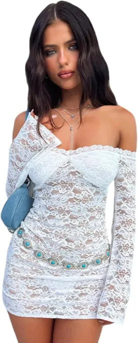 ZGMYC Womens See Through Mesh Lace Mini Dress Sexy Off Shoulder Long Sleeve Short Dress Y2K Bodycon Party Dress